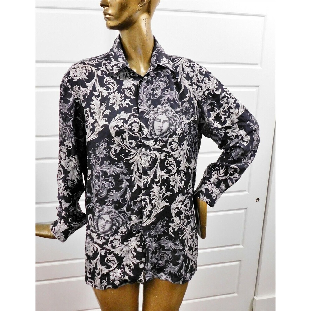 Versace 100% Silk Gray Black Medusa Baracco Button Down Shirt Italy‎ 41